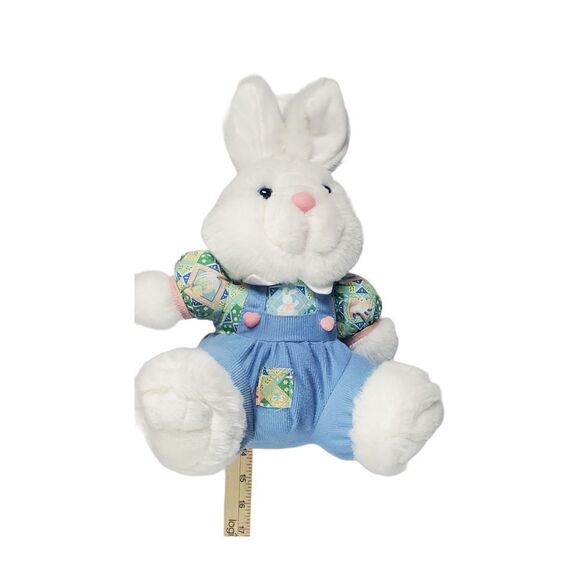 SKM Bunny Rabbit Plush Sitting White Furry Blue Overalls Spring Easter Vintage - Picture 10 of 11